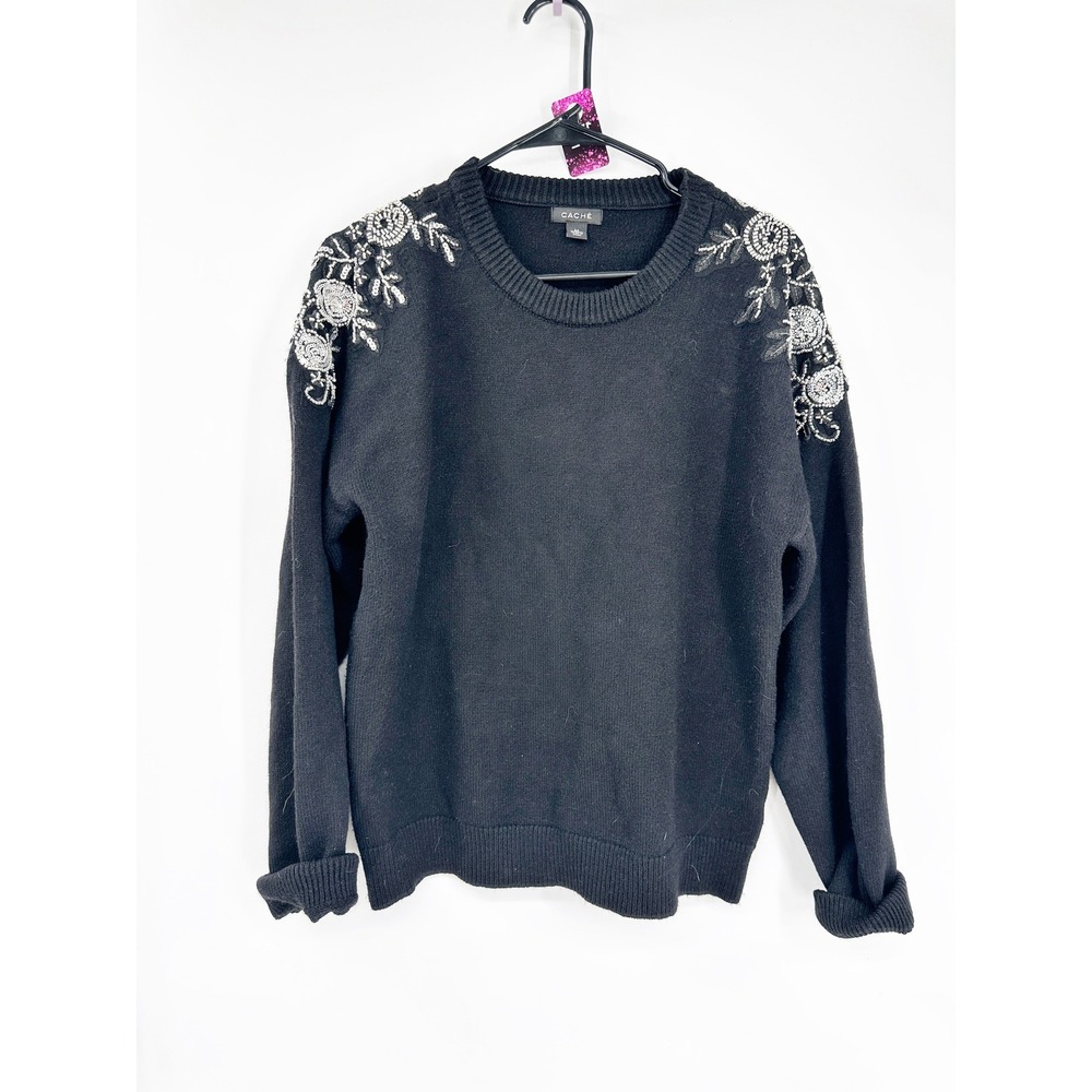 Cache Beaded‎ Shoulder Sweater Medium Black Floral Sequin Embellished Knit